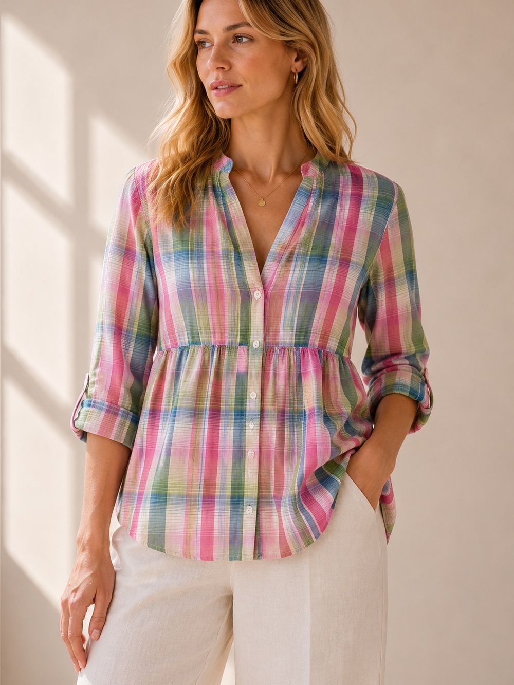 Tommy Hilfiger Pink Blue Green Plaid Blouse S/M Coastal Preppy